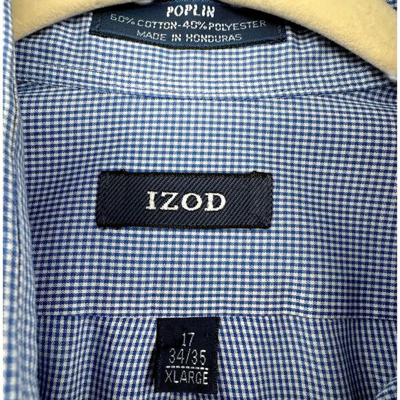 IZOD Button Down Blue‎ Poplin Check Pattern Long Sleeve Pocket Dress Shirt XL - Picture 3 of 6
